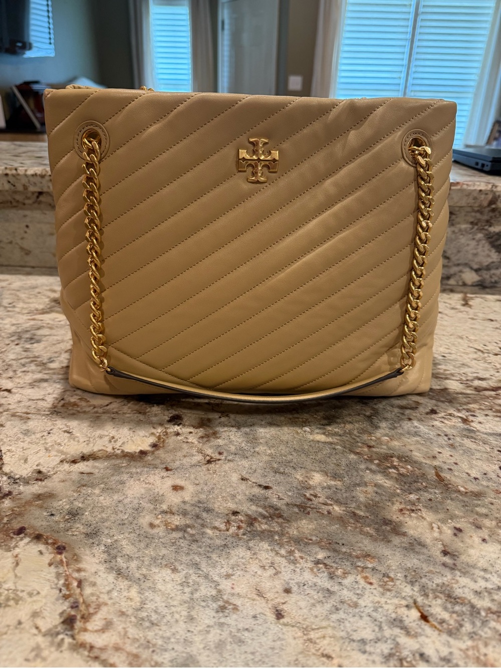 EUC - Tory Burch Kira Quilted Chevron Chain Shoulder Bag in Desert Dune